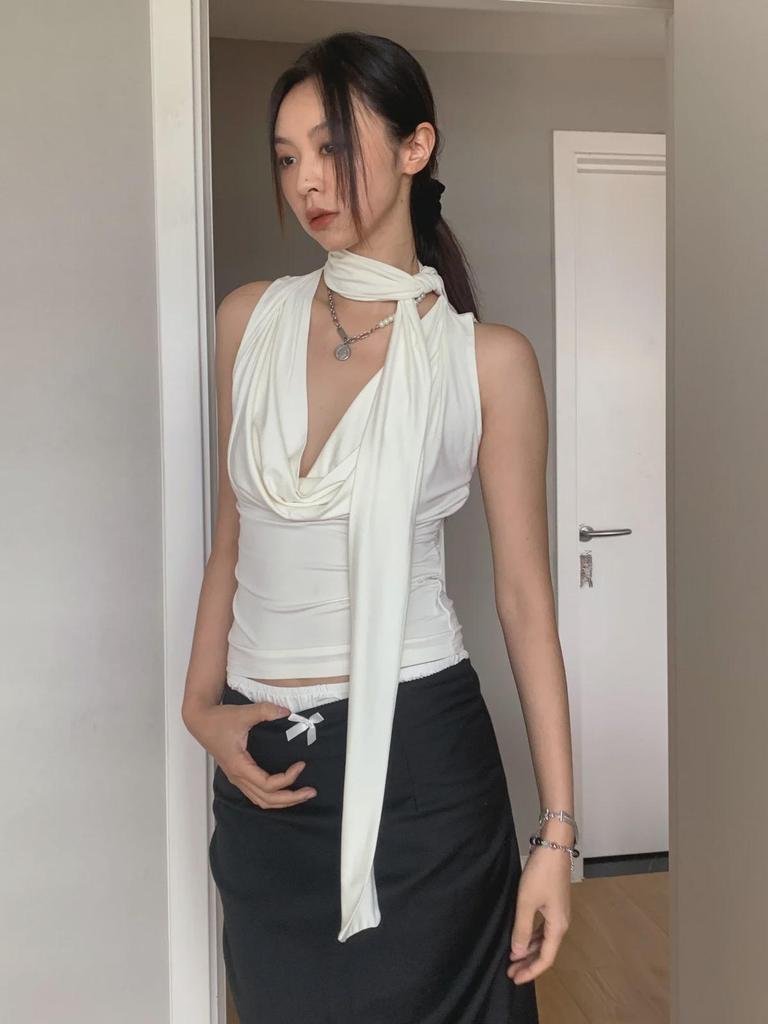 Dorothy Cowl Neck Sleeveless Halter Top with Ribbon Detail