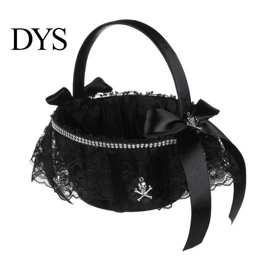 Durable Halloween Basket Black Flower Girl with Handle And Bow, Gothic Satin Lace for Wedding Ceremony, Bridal Party, Home Decor Decorative Masquerade