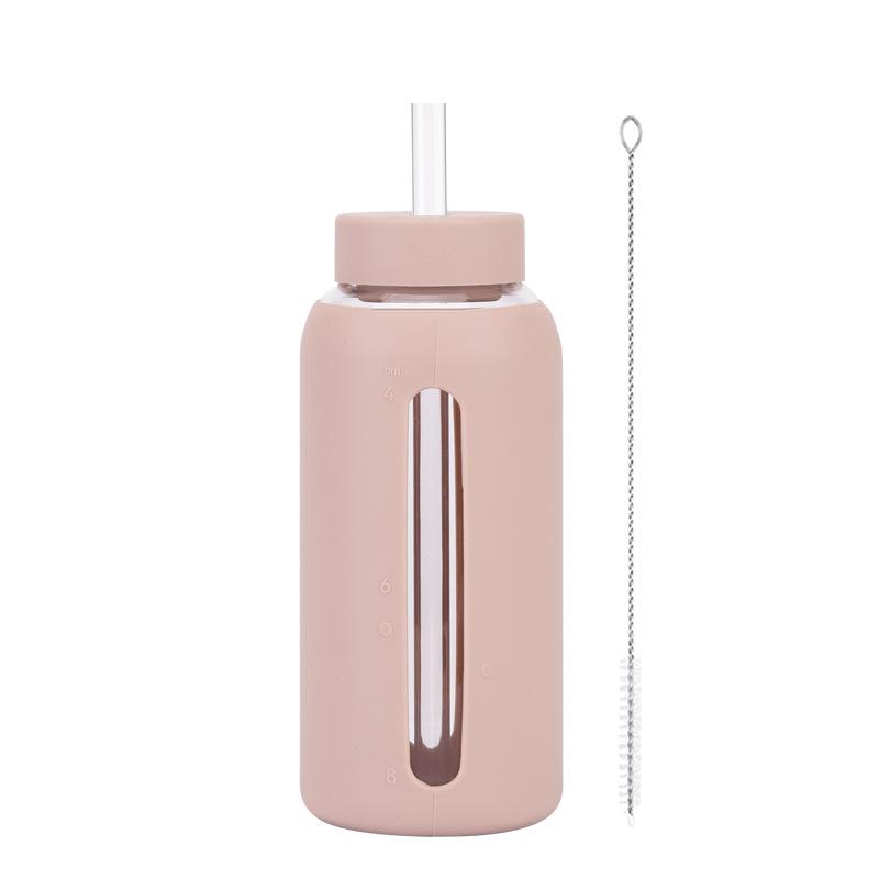 Szklany Silikonowy Pokrowiec Skala Czasowa Kubek na Wodę ze Słomką 800 ml Duża Pojemność Przenośny Kubek Outdoorowy