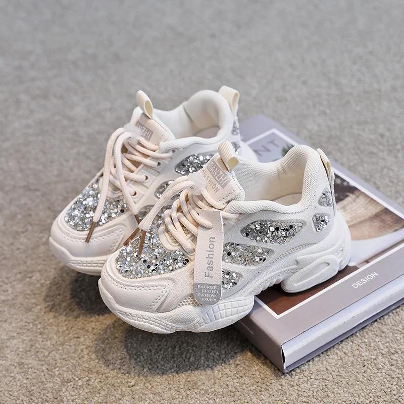 

Spring Fashion Women Sneakers Kids Toddler Girl Shoes Rhinestones Glittering Childen Outdoor Leisure Sports White Shoes Red 36