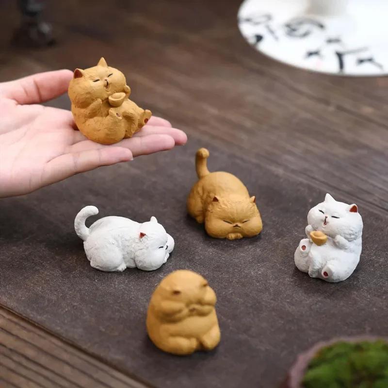 Chinese Yixing Purple Clay Sculpture Tea Pet Cute Lucky Cat Statue Decor Tea Figurine Desktop Ornaments  Tea Set Decoration