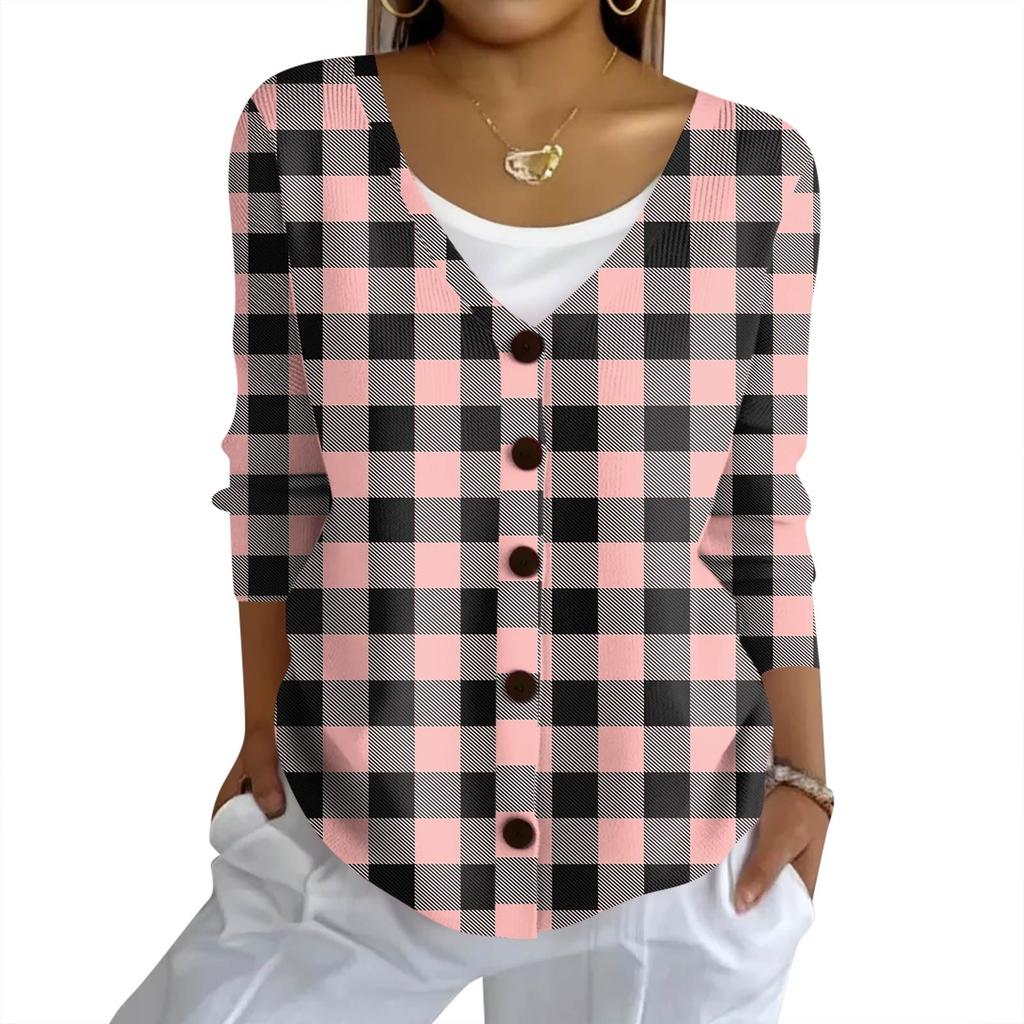 Women's Fashion Casual Knit Sweater Button-Up Plaid Patchwork Print Cardigan Jacket