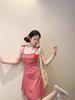 [Spot] Sweet and cool lace-up stacked skirt fat MM summer new red plaid suspender dress solid color short
