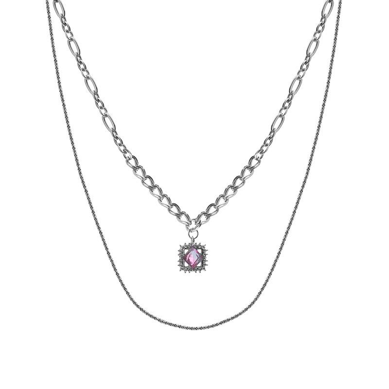 

Double-layer square rhinestone necklace light luxury cold wind ins tide personality thick chain jewelry titanium steel necklace