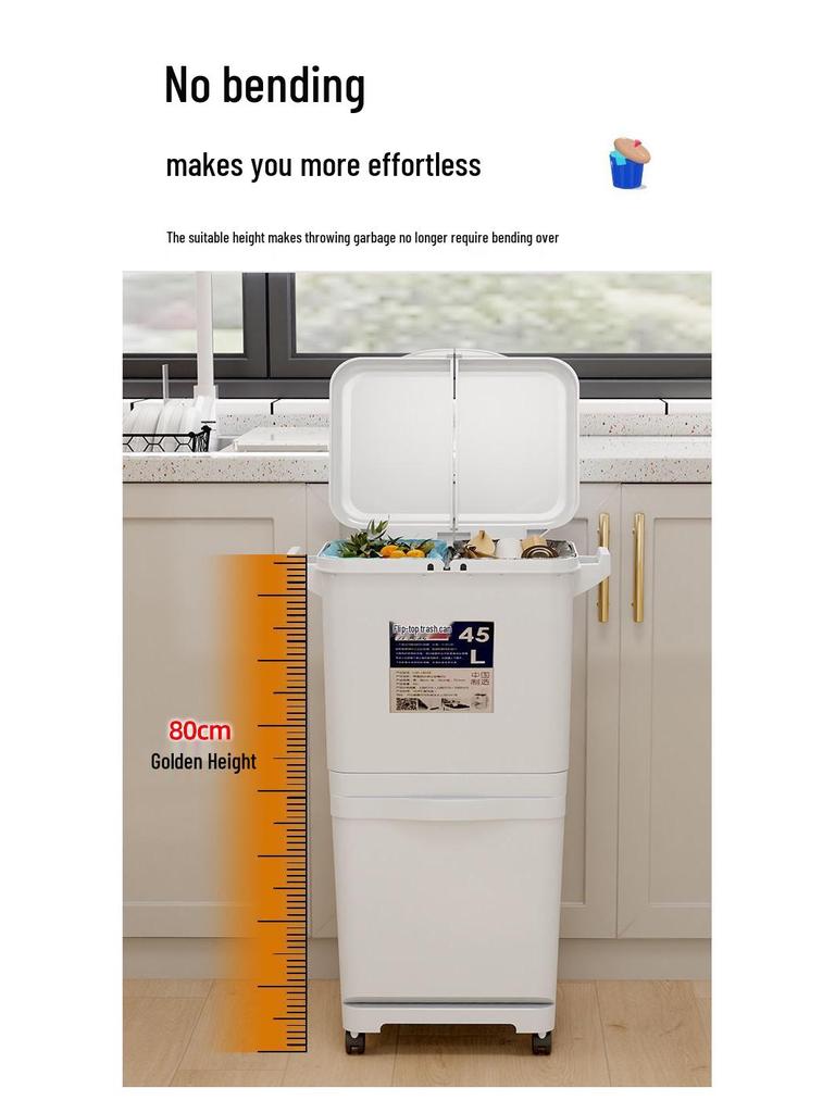 Large Capacity Double Layer Movable Kitchen Trash Bin with Dry/Wet Separation