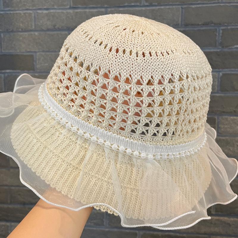Women's Summer Large Brim Sun Hat Elegant Beads Lace Ruffle Trim Beach Sunshade Caps Hollow Out Breathable UV Protection Hats