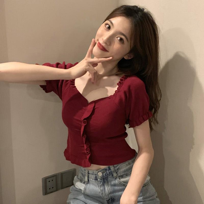 Women Solid Color Short Sleeved V Neck Slim Knitted Tops Summer Basic Wild Wind Tops