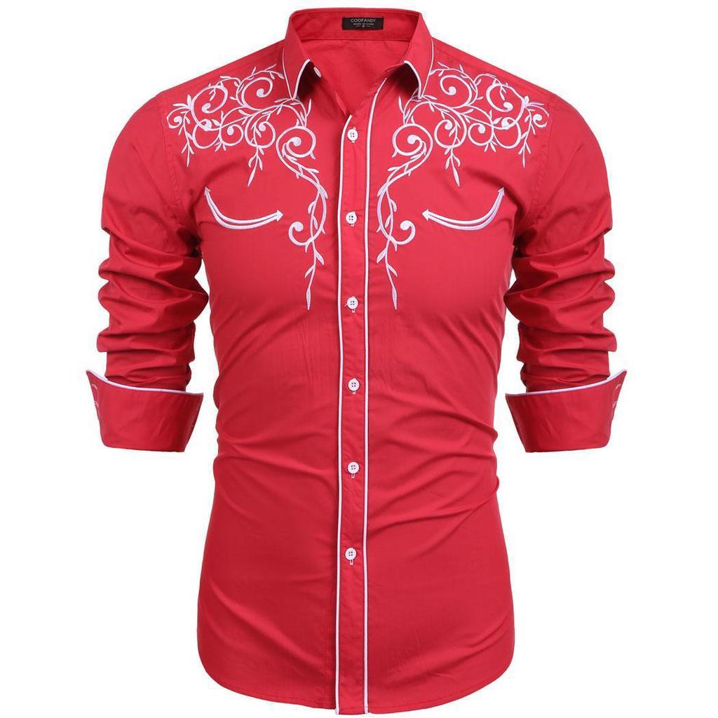Men's Long Sleeve Embroidery Slim Fit Casual Button Down Shirtbuy at a