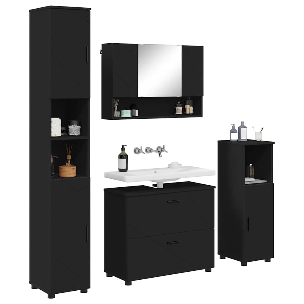 Bathroom Furniture Set with Door 4 Pcs Black Plywood and Metal