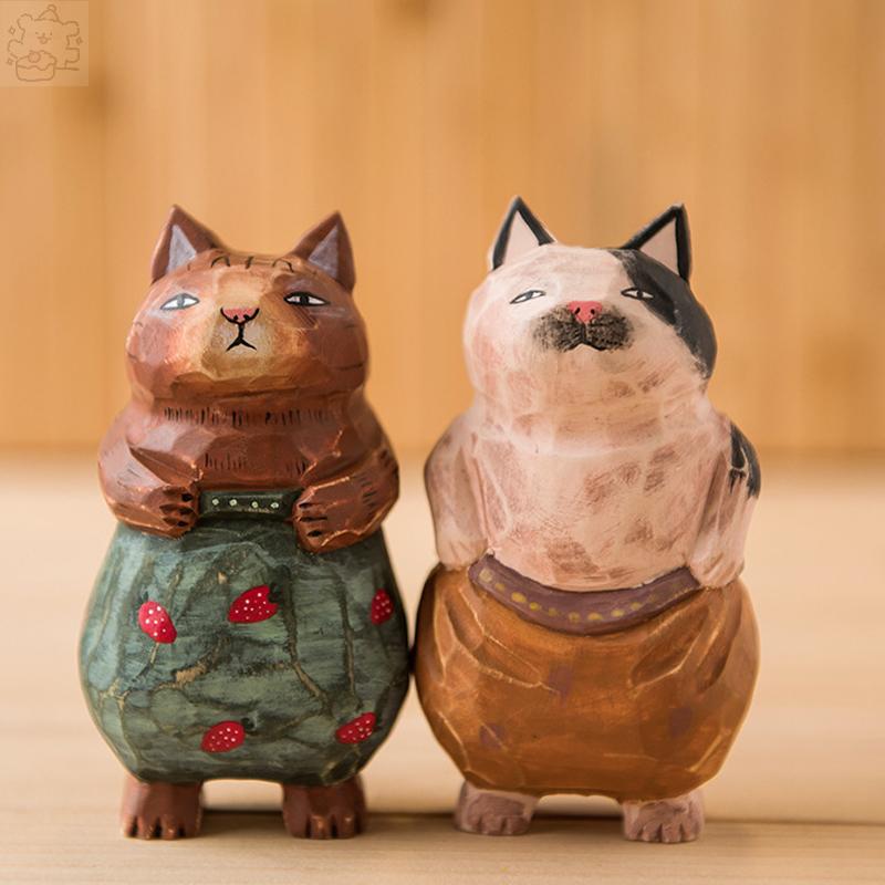 Handgefertigte Niedliche Katze Holzschnitzerei Ornamente, Bemalte Holzkatzenfiguren, Holz Niedliche Katze Desktop Dekoration, Glückskatze Skulptur
