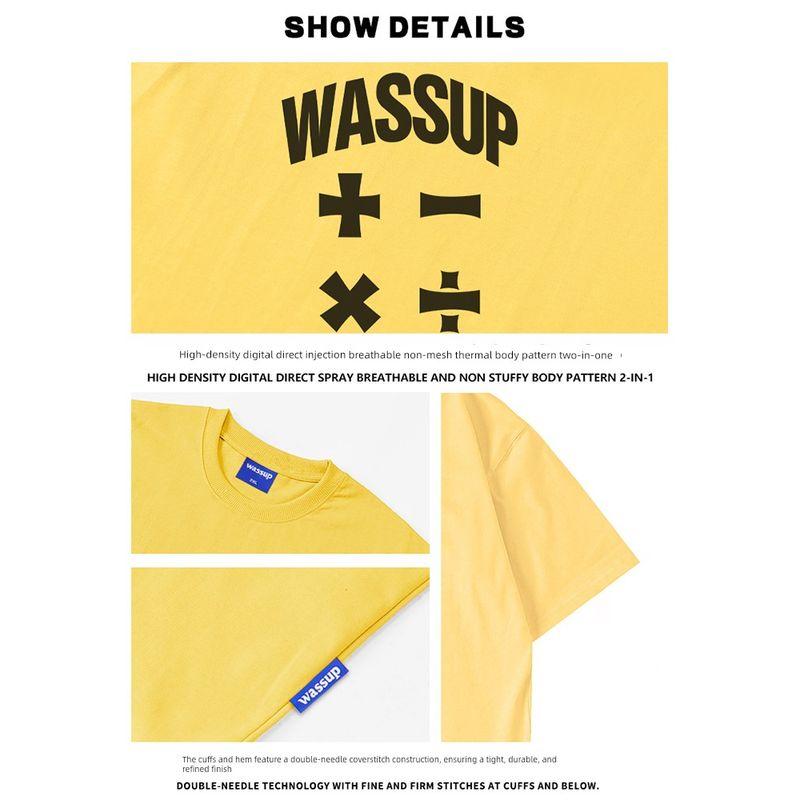 Wassup Trendy American Letter Print T-Shirt Short Sleeve Men's Summer Loose Casual Couple Round Neck Top