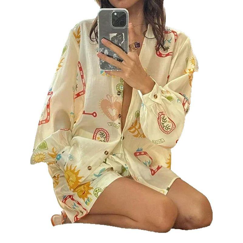 Printed Long Sleeve Shirt Shorts Set Print Long Sleeves Shirt Shorts Suit