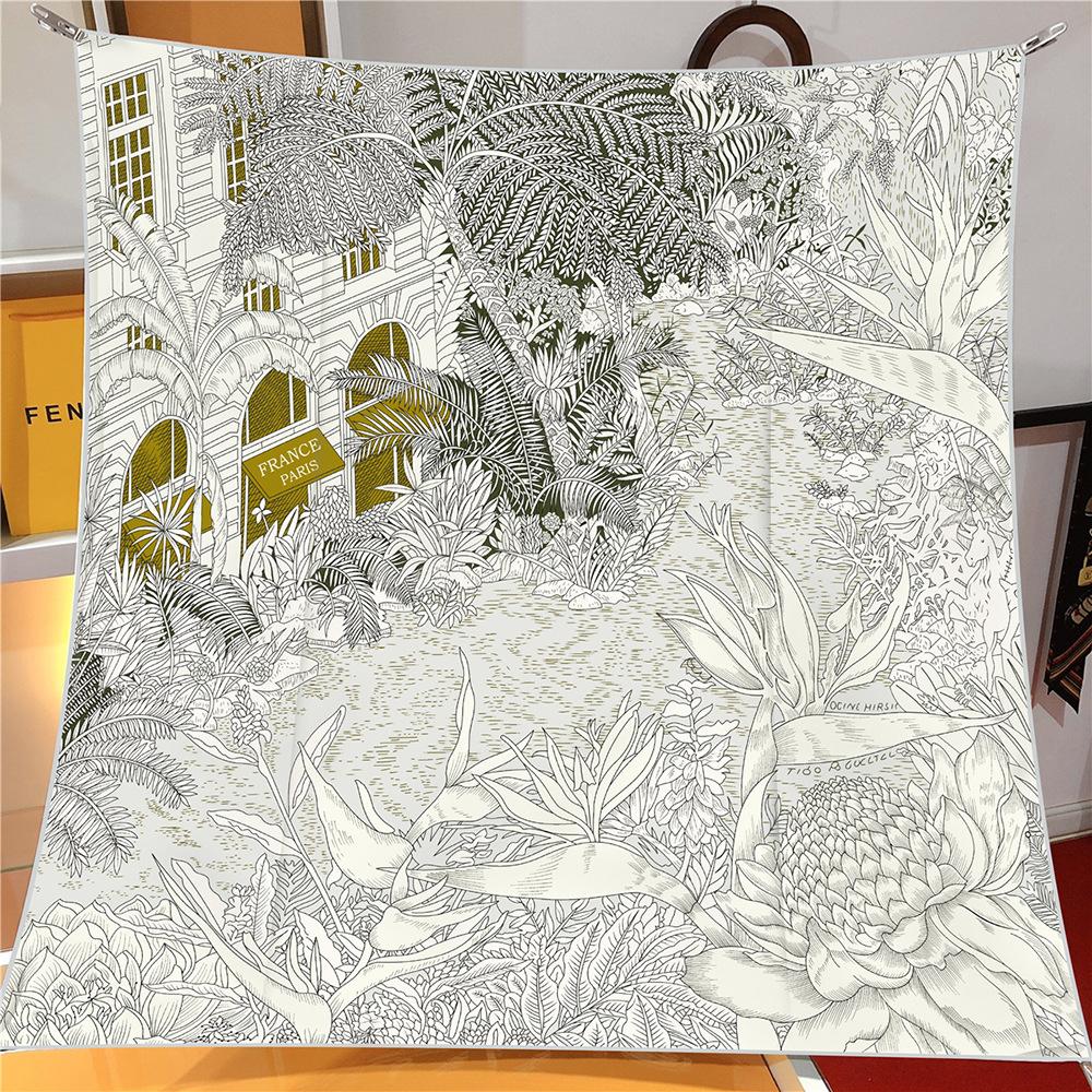 New 90x90cm Design Shawl Foreast Printed Silk Scarf Square Scarves Lady Wraps Kerchief Woman Neck Shawl Wraps