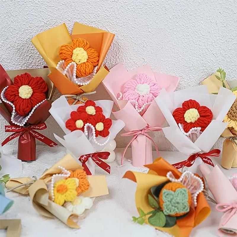 Kitting Flower Bouquet Crochet Flower Artificial Woven Flower Wedding Guests Gifts Teacher's Day Christmas Gifts