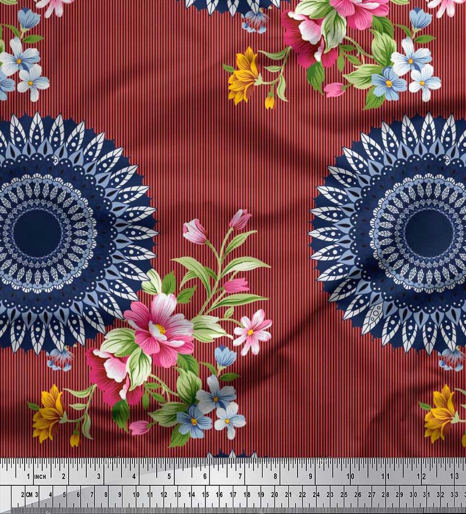 Soimoi Japan Crepe Satin Fabric Stripe,Floral & Mandala Printed Craft Fabric by the Metre 42 Inch