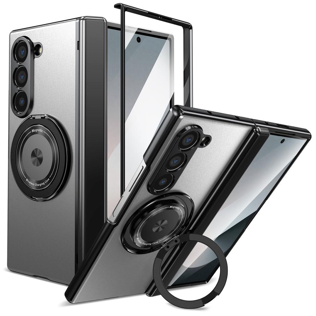 Aluminum Alloy Plate PC Back Cover Z Fold 7 Phone Case with 360° Rotatable Magnet Metal Bracket for Galaxy Z Fold 7/6/5/4