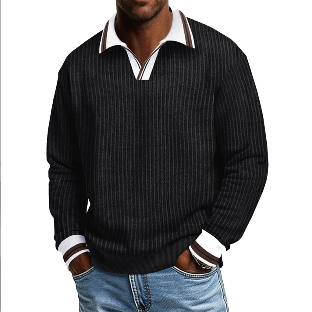 Men's Long,sleeved Color,blocked Pullover, Men's Lapel Corduroy Long,sleeved Top