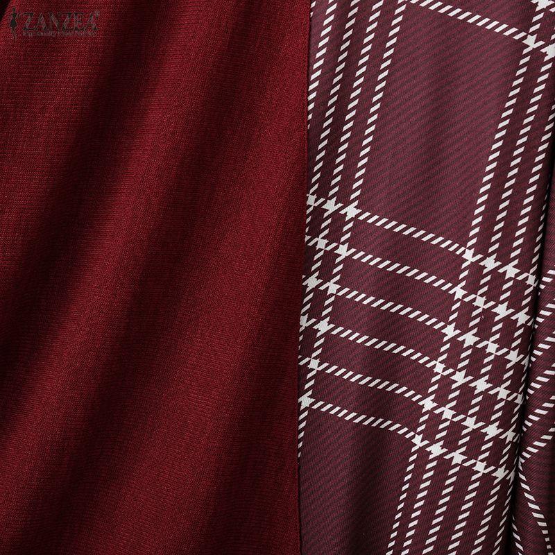 ZANZEA Women Stand Collar Long Sleeve Plaid Print Patchwork Irregular Pullover Tops