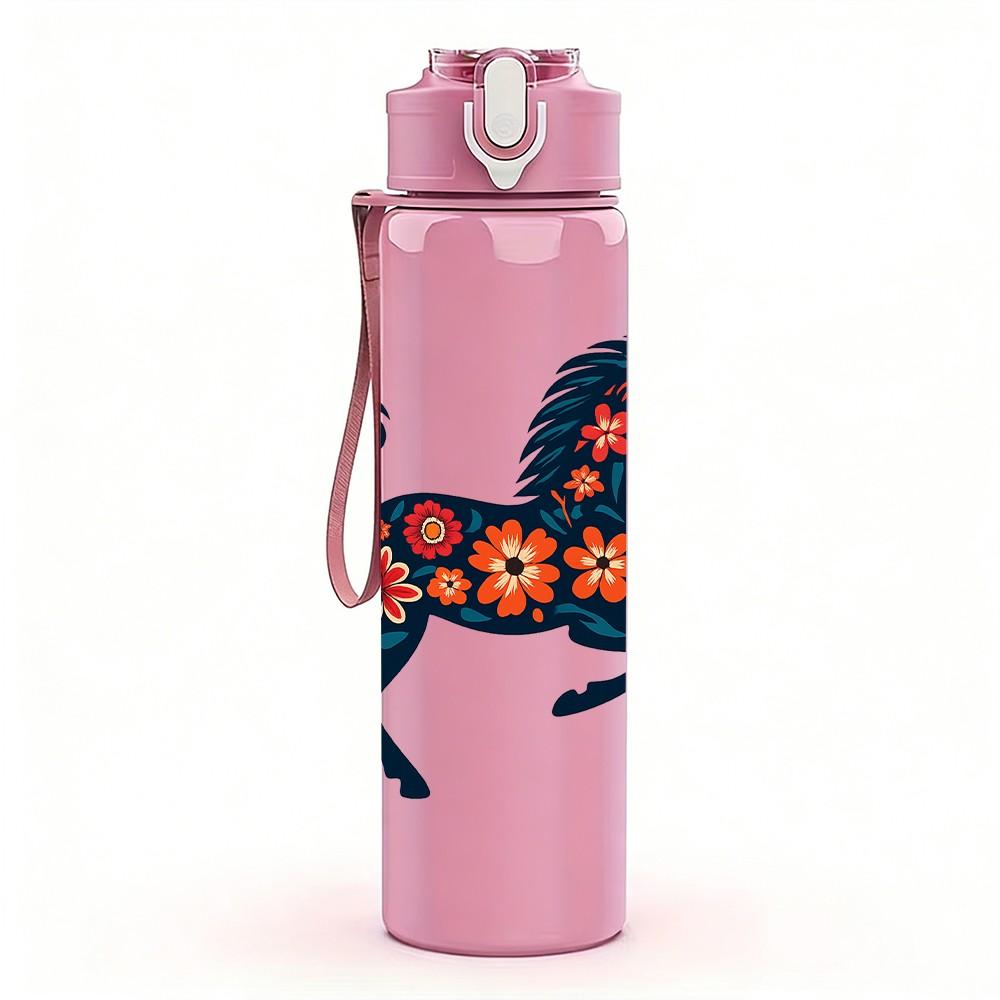 1PC Folk Decorated Black Horse 750ml Color Plastic Sports Water Bottle Leakproof Flip Straw Lid Suitable for Sports Office Home Use