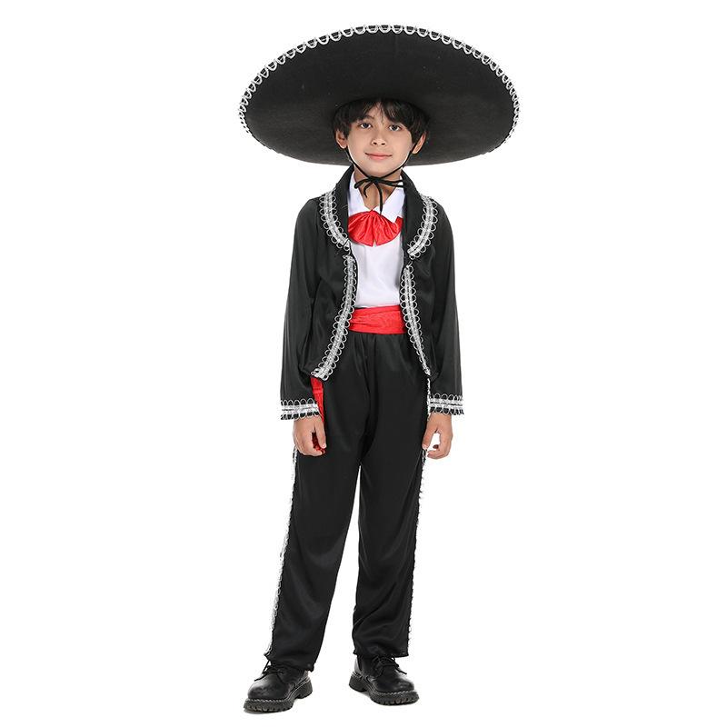 Mexicaans Kostuum Jongens Meisjes Kinderen Traditioneel Mariachi Amigo Dans Cosplay Kostuums Halloween Mexicaanse Cosplay Stropdas Riem Pak 8-9Years-Tag150cm black
