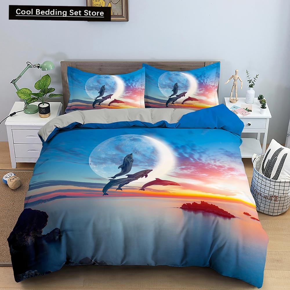 Ocean Dolphin Duvet Cover King Queen Size Cute Dolphin Jumping In The Blue Sea Bedding Set Children 3D Animal Sunset Quilt Cover