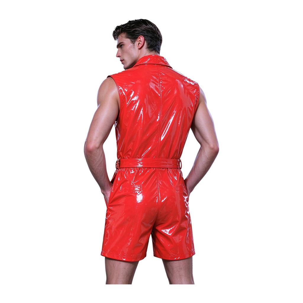 Men Zip Front Patent Leather Bodysuit Sleeveless Lapel Collar Adjustable Belt Pockets Slim Fit Jumpsuit for Club Rave Festival Stage