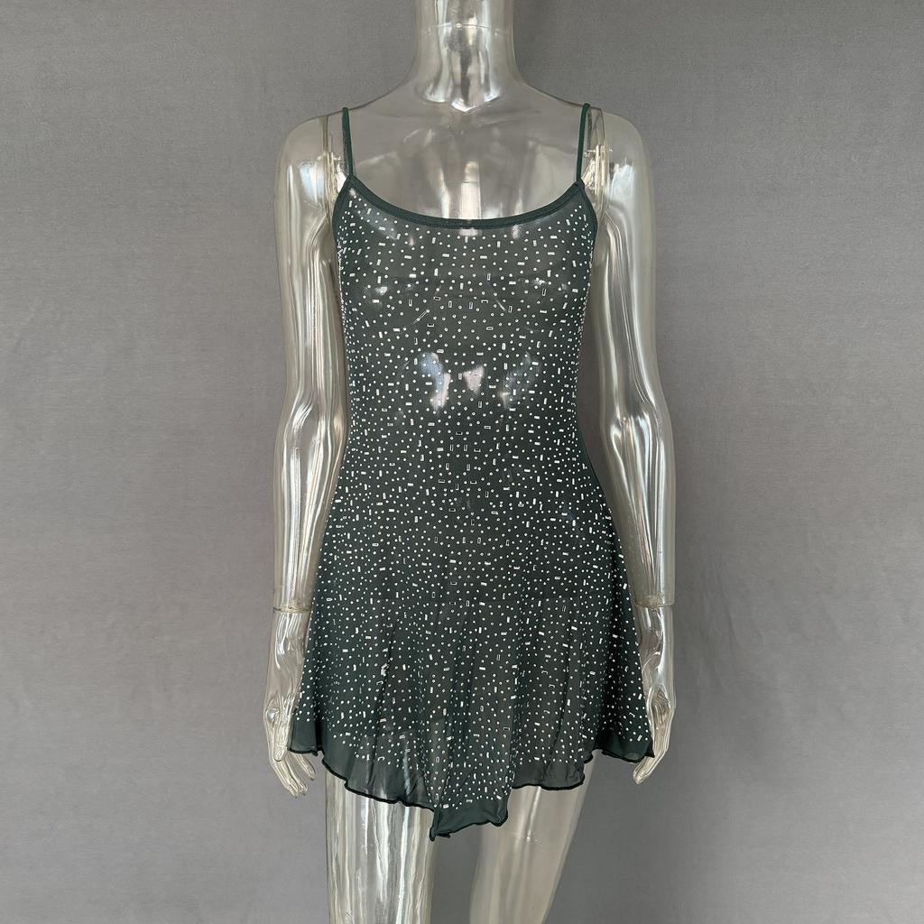 Party Rhinestone Semi Transparent Suspender Short Dress