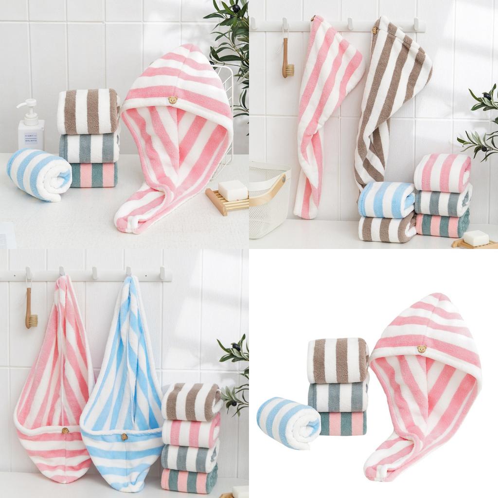 1pc Striped Hair Towel For Women Quick-Drying Absorbent Coral Fleece Shower Cap With Thickened Towel Hair Drying And Wrapping
