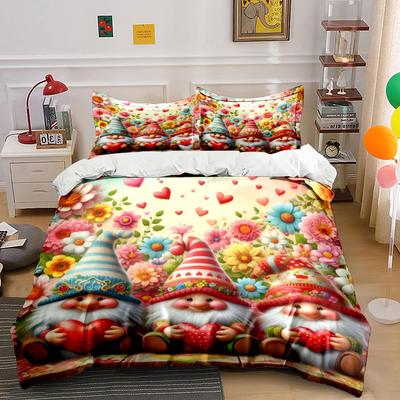 Gnomes with Hearts and Flowers Bedding Duvet Cover Set  (1*Duvet Cover 2*Pillowcases, Without Duvet Insert)