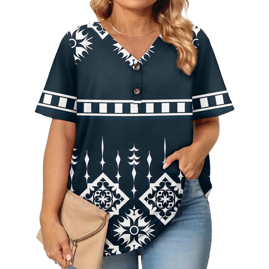 Women's Fashion Casual Printed V-Neck Short Sleeve Large Size T-Shirt Top