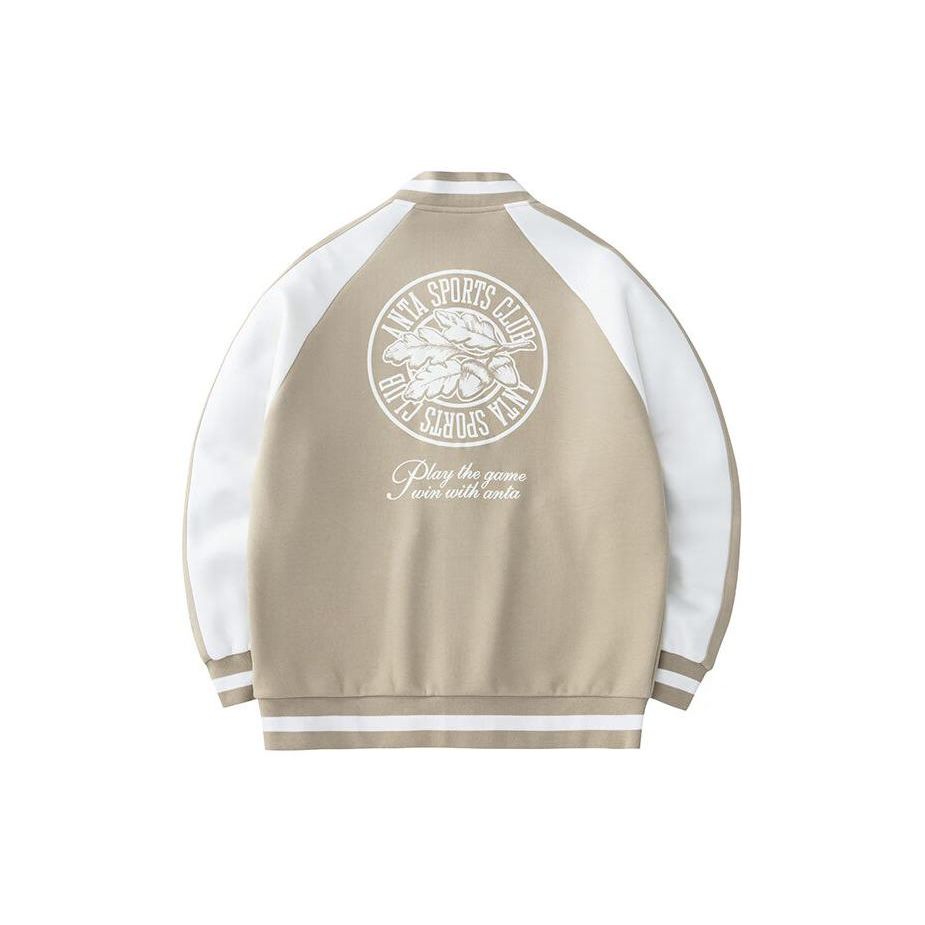 Anta Embroidered Varsity Jacket Khaki and White Color Block Unisex 152418734S-1