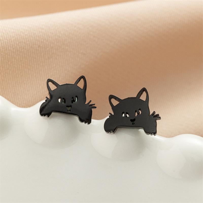 1 Paire Boucles d'Oreilles Animal Chat de Dessin Animé Mignon Boucle d'Oreille Clou Chaton en Acier Inoxydable pour Femmes
