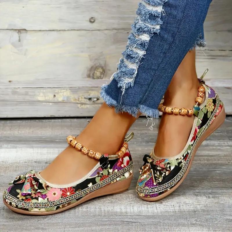 Women's Floral Print Flat Shoes, Tribal Style Ankle Strap Slip On Shoes, Casual Walking Shoes