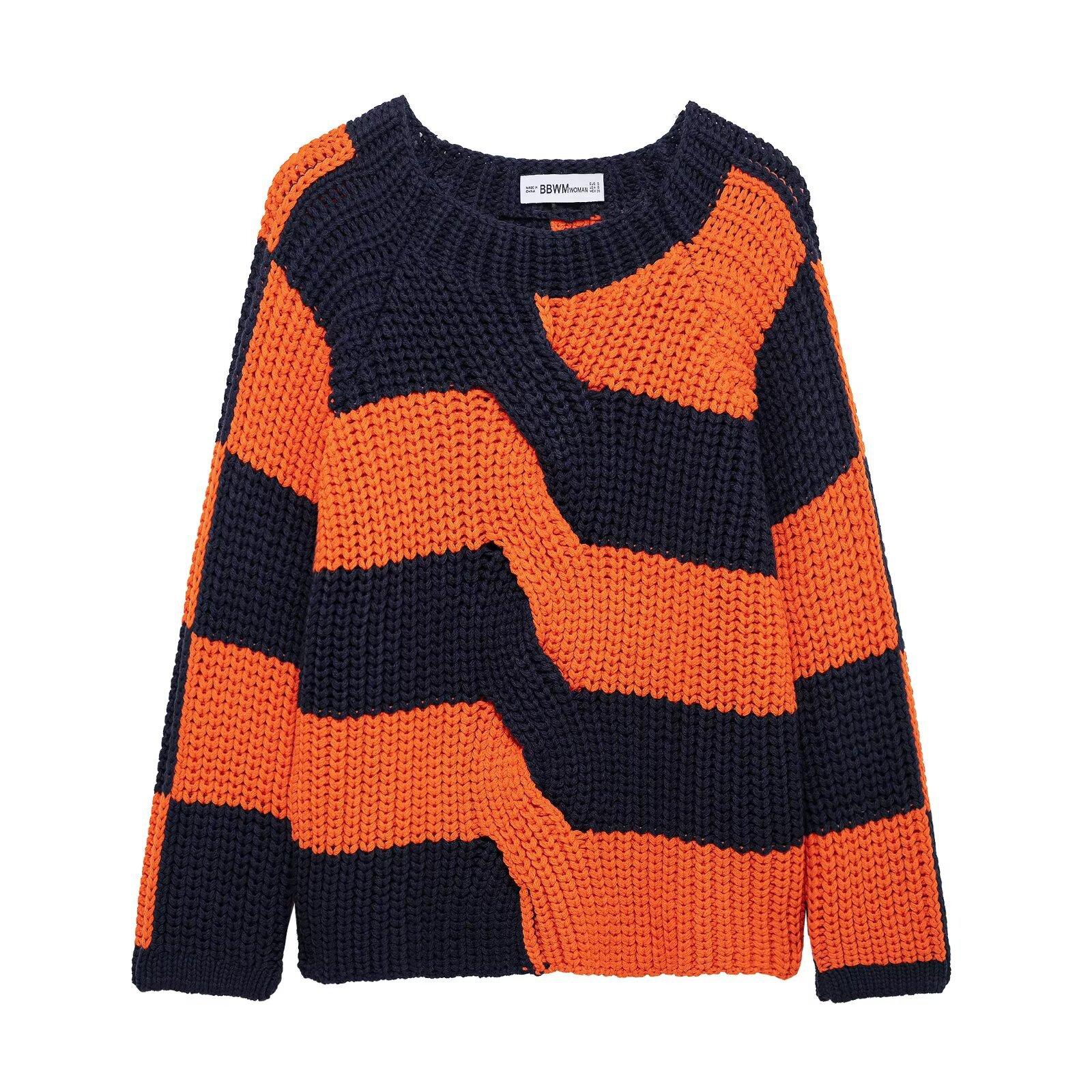 

2025 New Women s Striped Patchwork Loose Casual Long Sleeved Round Neck Knitted Sweater Top S