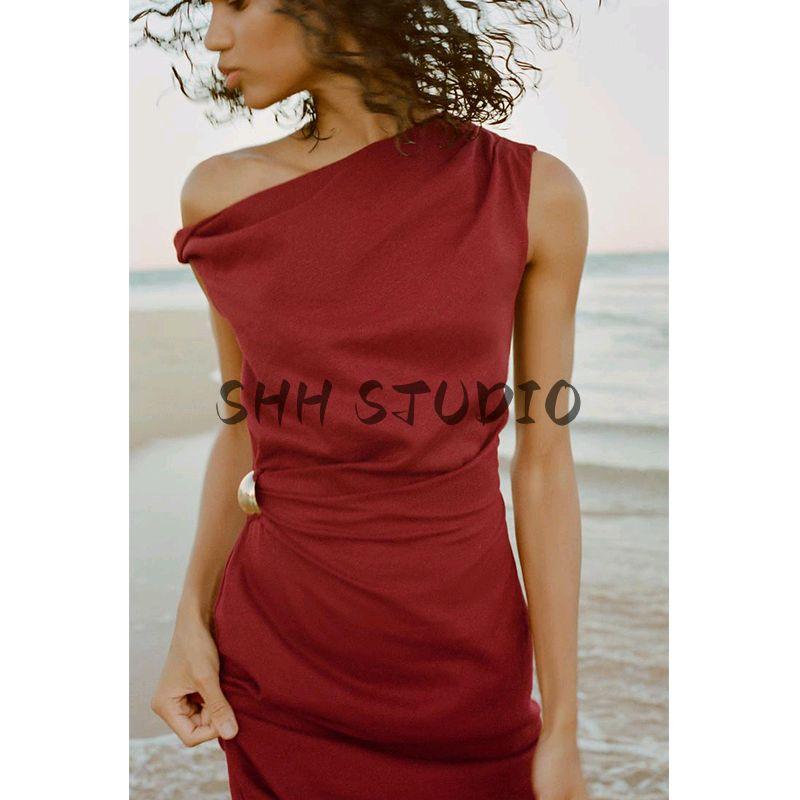 Spring and Summer Women's Clothing Gold Inlaid Boat Neck Sleeveless Linen Blend Ruched Midi Skirt Dress 2840709