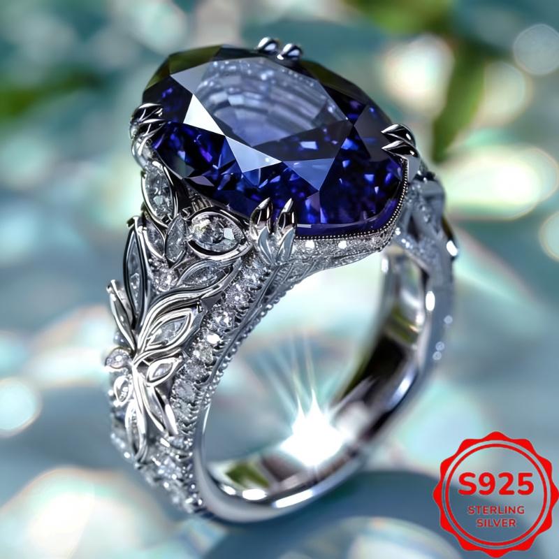 sterling silver ring inlaid with synthetic sapphire, vintage-style, niche design for women and men 6