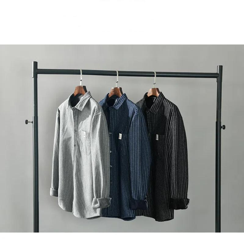 Winter Warm Men Shirt Daily Casual Men Tops Korean Style Striped Fleece Shirt Lapel Collar Brushed Button Up Shirt