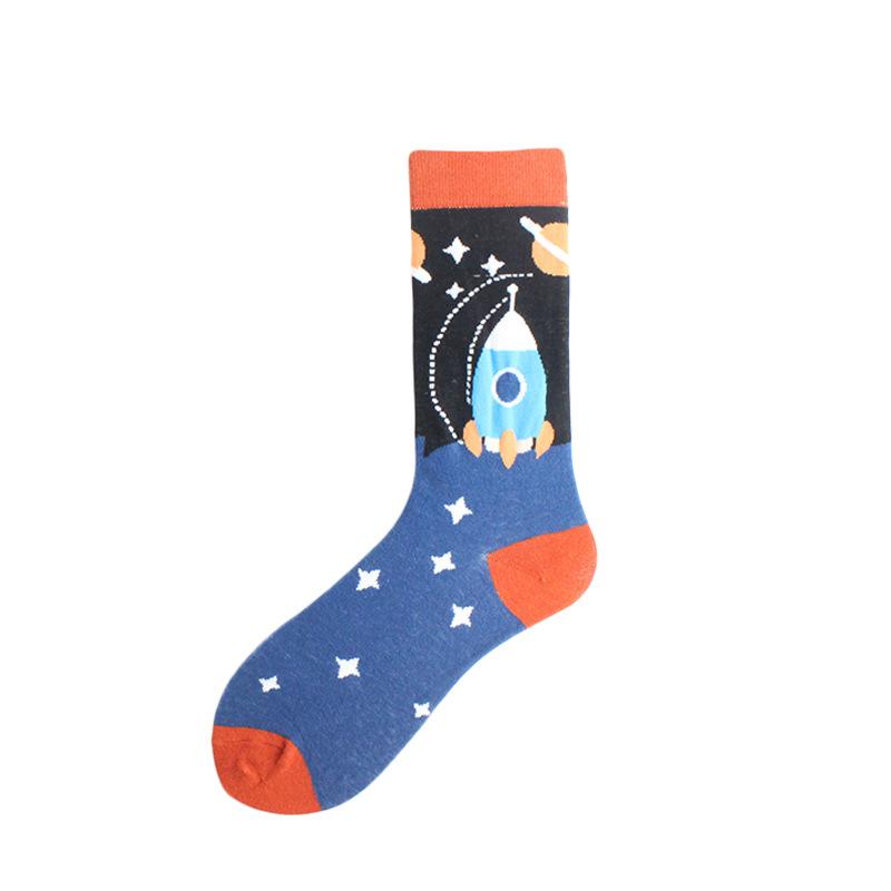 Happy Funny Unisex Painting UFO Astronaut Outer Space Rocket Men Crew Socks Male Boys Streetwear Cotton Causal Skateboard Sox