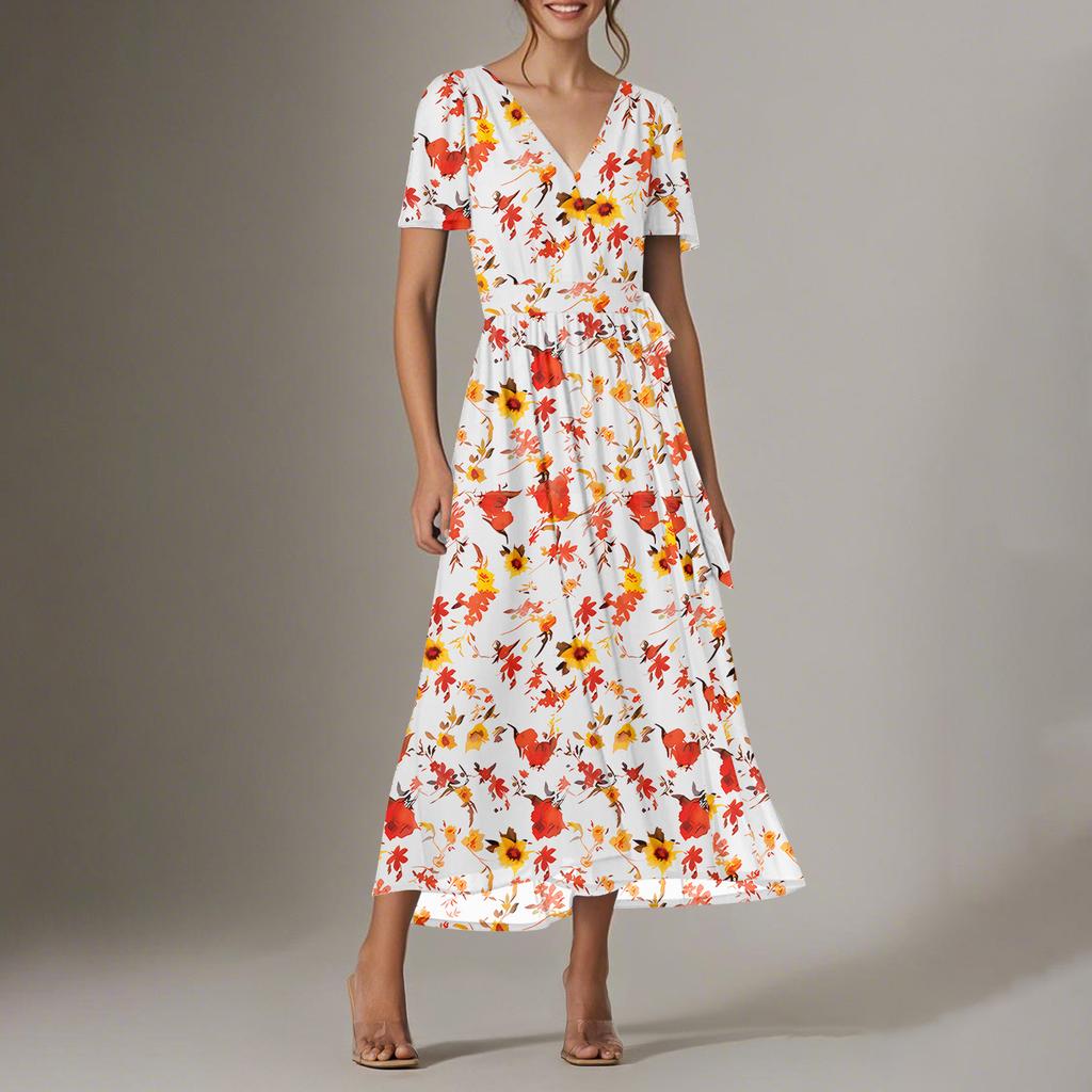 Women's Summer Floral Bohemian Dress Wrap V Neck Short Sleeves Ruffle A-Line Flowy Maxi Dress Summer Dresses For Women