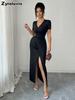 New V-Neck Cross Buckle Pleated Ruched High Slit Dress for Women Summer Long Skirt
