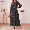 Abito Maxi da Donna Autunnale Vintage a Manica Lunga con Stampa Floreale, Bordi in Pizzo, Pieghe, Linea ad A