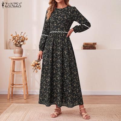 Autumn Women Vintage Long Sleeve Floral Print Lace Trim Pleated A Line Maxi Dress