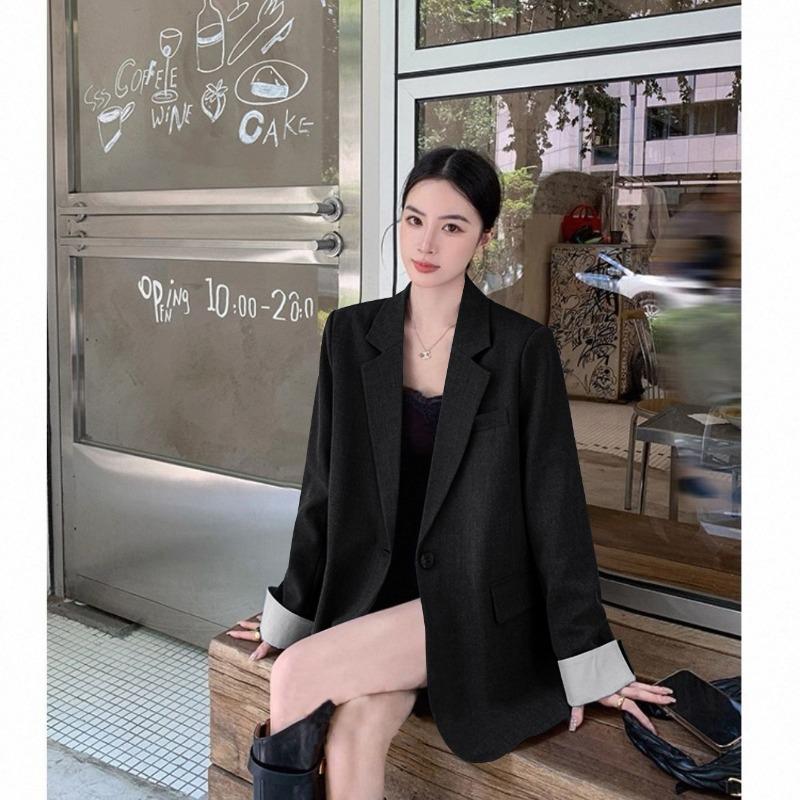 Fashionable Korean Style Suit Jacket Splicing Simple Commuting Loose Women's Solid Color Cardigan Long-sleeved Top