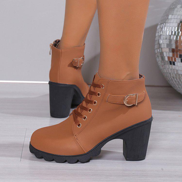 Klasyczne damskie botki w stylu koreańskim - Duży rozmiar, Ciepłe, Okrągły nosek, Gruby obcas, Modne wysokie obcasy