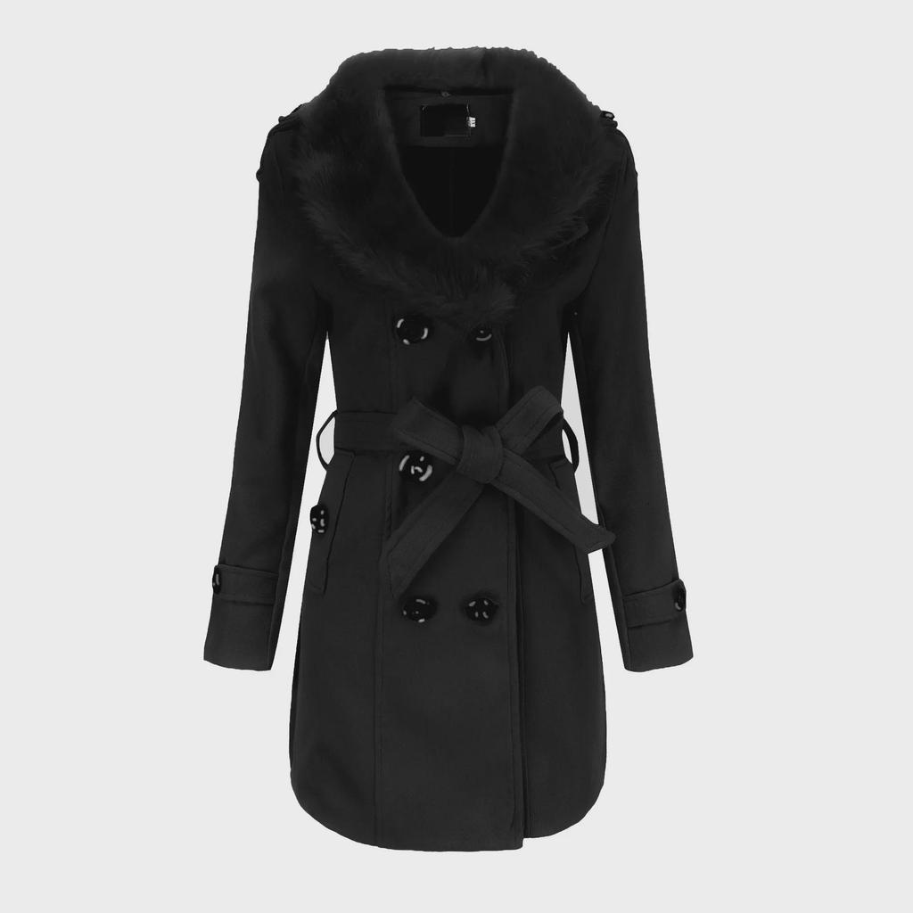 Damen Wollwintermantel mittlerer Länge mit großem Pelzkragen - Europäische Größe