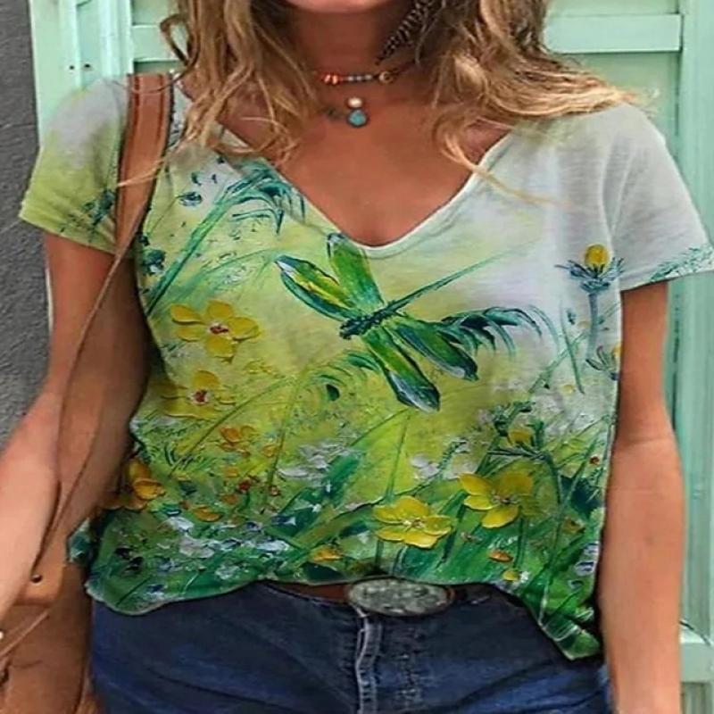 T-skjorte med V-hals for kvinner Street Trend Fritidsskjorte 3d-trykk Allsidige klær Løs mote Komfortabel halvermet