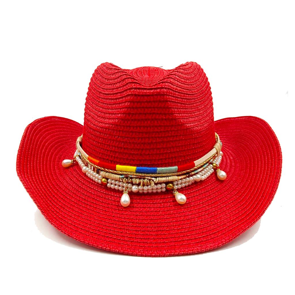 Red Cowboy Straw Hat Men's and Women's Cowboy Straw Hat Monochrome Curled Eaves Outdoor Beach Rider Hat Cowboy Hat