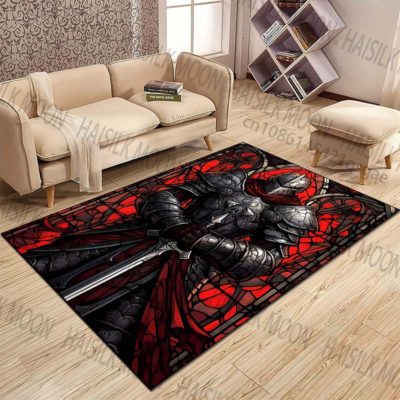 Knight Armor with Red Background Pattern Rug Carpets for Bedroom Living Room Sofa Mat Creative Door Mat Cloakroom Home Decor