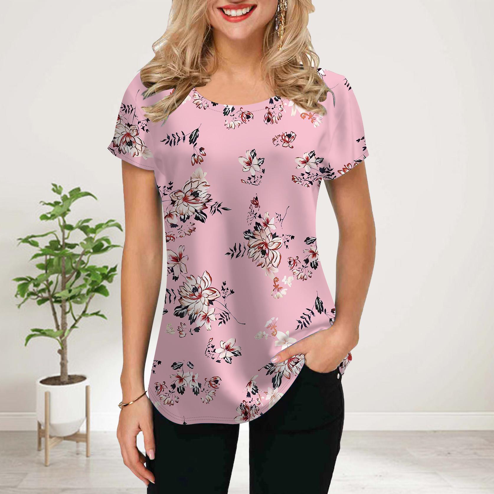 

Женская летняя футболка с зеленым цветочным принтом и коротким рукавом, повседневные топы с принтом 8XL розовый