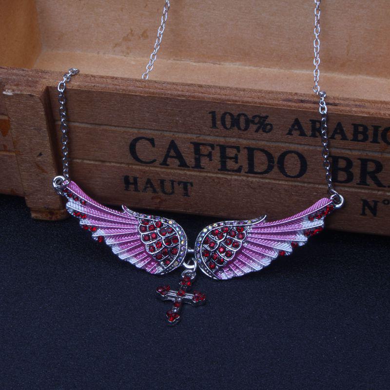 Fashion Blue White Pink Charm Crystal Angel Wings Cross Pendant Necklace Shellhard Vintage Jewelry For Women Bridal Wedding Gift